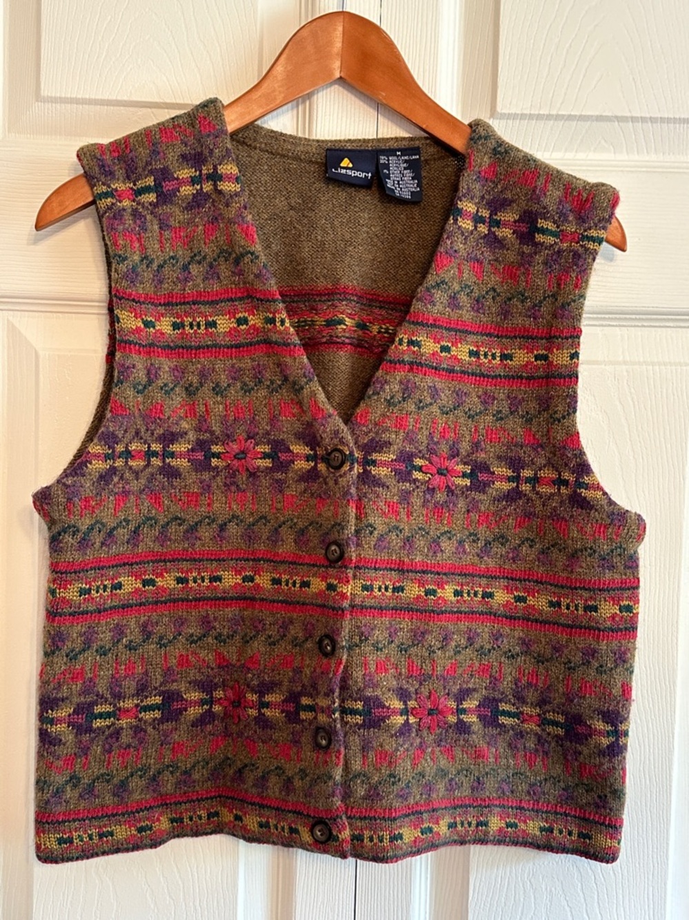 Liz Sport Wool  Button-Up Vest — olive with Pink & Purple Accents